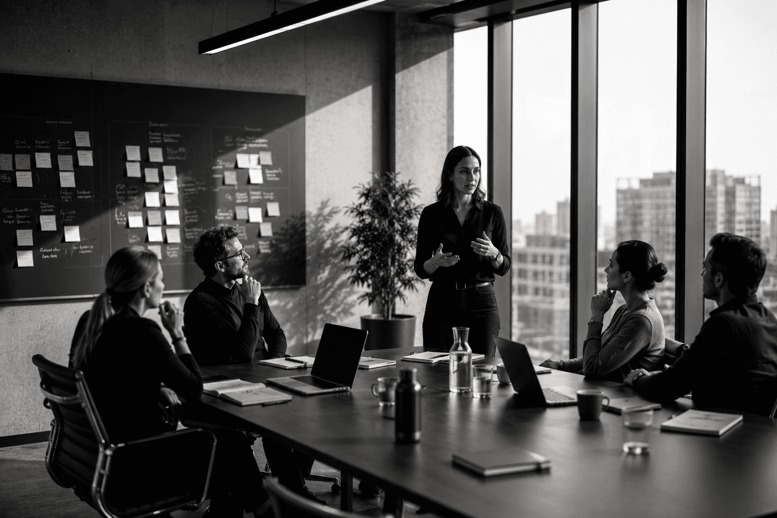 Boardroom facilitation session with a leader guiding a strategic discussion